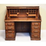 Early 20th Century American oak roll top desk, the brass escutcheon marked 'The City Desk USA',