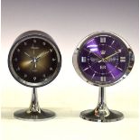 Modern Design - Two 1970's period chrome cased pedestal alarm clocks, one having a purple dial and