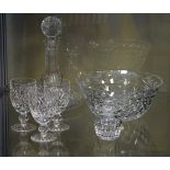 Waterford cut crystal ships decanter, a similar bowl, three large sherry glasses and a preserve