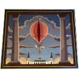 Needlepoint and petit-point picture depicting a hot air balloon in flight above classical