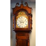 19th Century inlaid mahogany longcase clock, the hood with swan neck pediment, arch shaped glazed