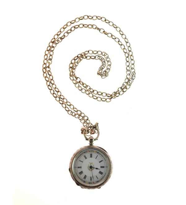 Lady's engraved silver cased key wind fob watch, the white enamel dial with floral border and