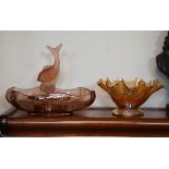 1930's period peach glass bowl having central figural flower holder depicting a fish, together