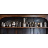 Set of seven good quality modern pewter tankards, pewter tappet hen and a quantity of other pewter