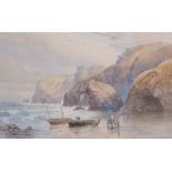 James Elliott - 19th Century watercolour - Newquay Beach Scene with fishing boats, signed and