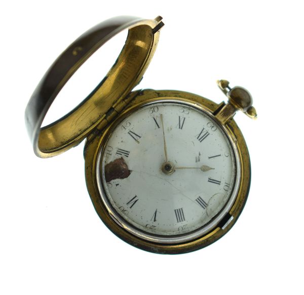 Richard Stone of Thame - Gilt metal pair cased pocket watch, the enamel dial with Roman numerals and