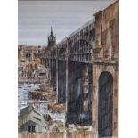 James Burril - Pen ink and watercolour - High Level Bridge From Gateshead, signed, framed and glazed