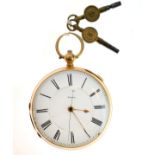 18ct gold cased key wind pocket watch with stop watch function, the white enamel dial with Roman