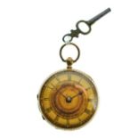 18ct gold cased key wind fob watch, the gilt dial with Roman numerals, gross weight 43g approx
