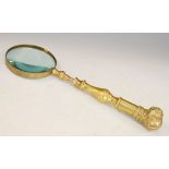 Vintage brass handled magnifying glass, the cast pommel end formed as the head of a bulldog