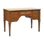 French style brass mounted marquetry inlaid walnut kneehole desk having an inset leather writing