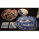 19th Century blue and white transfer printed meat dish decorated with the Wild Rose pattern, an