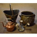 Dutch style embossed brass coal bin, brass coal bucket, copper kettle and a silver plated epergne