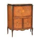 French style brass mounted marquetry inlaid walnut drinks cabinet, the fall flap opening to reveal a