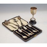 Set of six George VI silver coffee spoons, Sheffield 1941, a small silver trophy cup, Birmingham