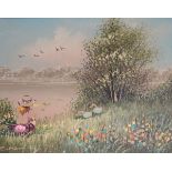 Pair of modern oils on canvas - Landscapes with children fishing from a riverbank, indistinctly