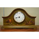 1930's period mantel clock having a chinoiserie style lacquered case, the white dial with Arabic