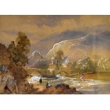 19th Century English School - Watercolour - Mountainous riverside landscape, unsigned, together with