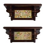 Pair of reproduction Victorian style mahogany wall brackets, each having inset tiled decoration