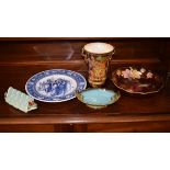 Carlton Ware Rouge Royale vase, a similar bowl, a plain Bleu Royale oval dish, a Wedgwood blue and