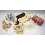 Tin plate clockwork motorcycle and sidecar, two dolls, tin plate money box etc Condition: