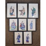 Collection of eight late 19th/early 20th Century Chinese rice paper paintings - Figural studies, all