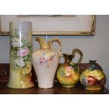 Limoges porcelain cylindrical vase having painted foliate decoration, a Royal Bonn ewer and a