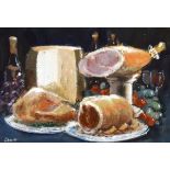 Dennis Lewis (Bristol Savages) - Oil on paper - Still-life with fruit and meat, signed, framed and