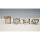 Pair of George II silver cauldron salts, London 1758, Victorian engraved silver cylindrical