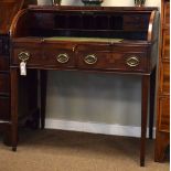 George III mahogany cylinder front desk, tambour shutter opening to reveal a fitted interior, two