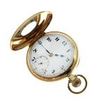 9ct gold cased top wind half hunter pocket watch, the white enamel dial with Arabic numerals and