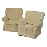 Pair of modern easy armchairs with pale green and off-white loose covers Condition: