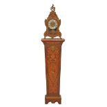 French style brass mounted marquetry inlaid walnut mantel clock and pedestal, the clock with brass