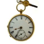 Mid size 18ct gold key wind pocket watch, the white enamel dial with Roman numerals and subsidiary