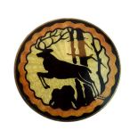 Scandinavian white metal and enamel circular brooch decorated with a stag in silhouette Condition: