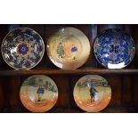 Three Royal Doulton Dickens Ware rack plates, together with two other Royal Doulton rack plates,