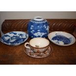 Two Chinese blue and white saucer dishes, a similar ginger jar and a Japanese Satsuma earthenware