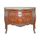 French style brass mounted marquetry inlaid walnut bombe front commode having a marble top, fitted