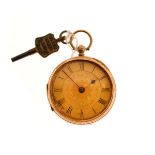 18ct gold cased key wind fob watch, the gilt dial with Roman numerals, gross weight 50g approx