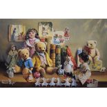 Deborah Jones - Signed limited edition print - Still life with teddy bears and dolls, signed in