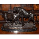After Mene - Reproduction bronze group of a bull and cow separated by a gate, on an oval marble