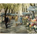 Joe Kerley - Late 20th Century oil on board - Possibly Las Ramblas?, framed Condition: