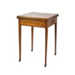 Edwardian mahogany string inlaid and satinwood crossbanded envelope top folding card table, fitted