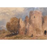 19th Century English School - Ruined castle with figure, in a gilt frame Condition: