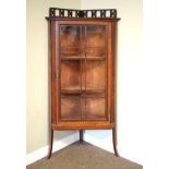 Edwardian mahogany and satinwood crossbanded floor standing corner display cabinet, fitted two