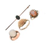 Three 9ct gold dress rings and an opal set bar broch stamped 9ct Condition: