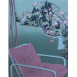 Coloured print depicting a tubular metal framed upholstered chair in front of a garden, framed and