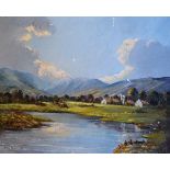 C. Knight - Oil on canvas - Mountainous landscape with river and figures on the bank, framed