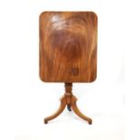 Victorian mahogany rectangular snap top tea table on turned column and splayed tripod base