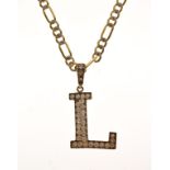 Filed curb link chain, stamped 375 with a 'L' shaped pendant set white stones stamped 375 Condition: